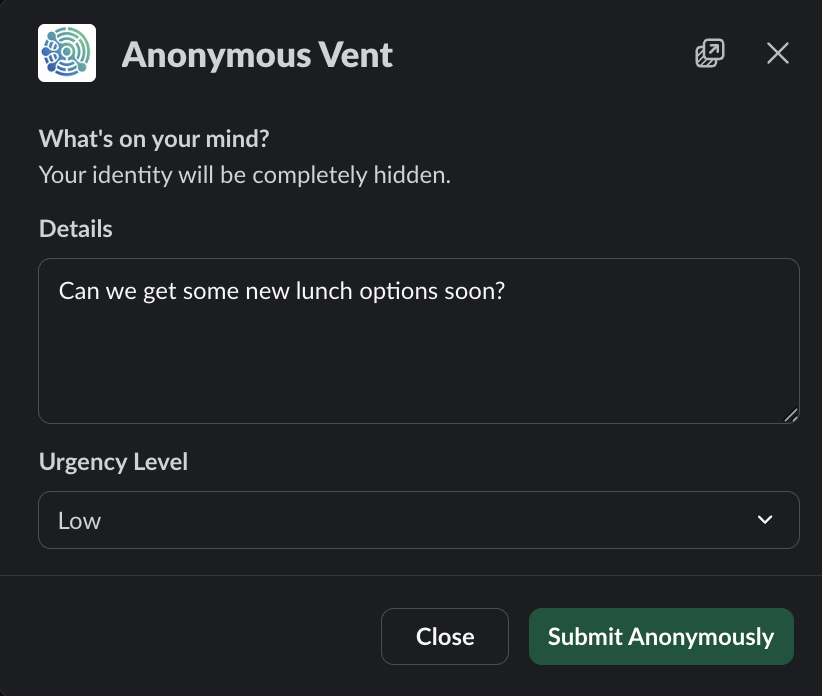 The /vent modal used to submit anonymous feedback